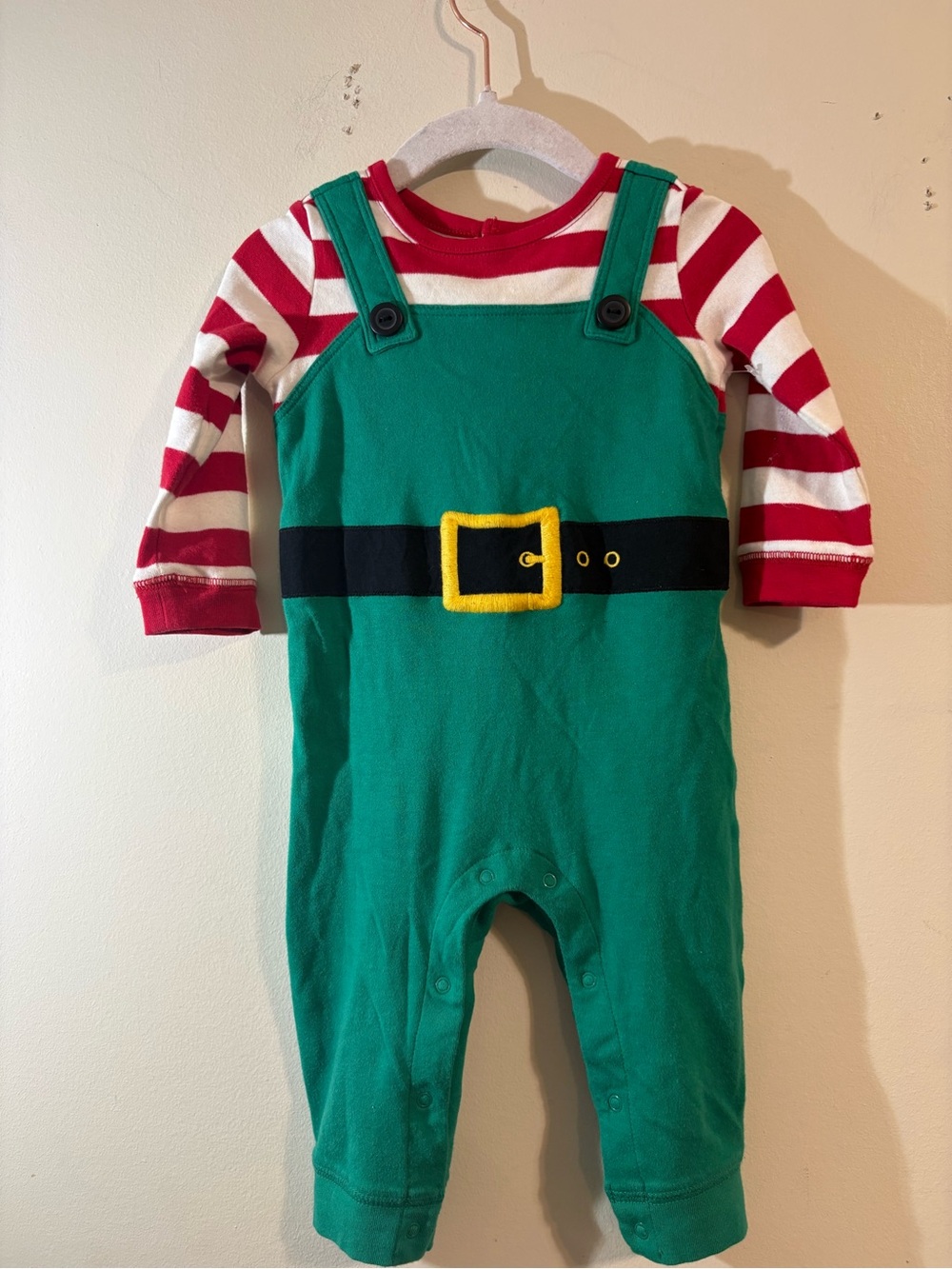 Gymboree holiday elf baby romper 6/12 month green red white stripe Christmas